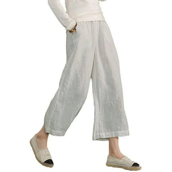Women's Solid Color Cotton Linen Loose Casual Wide Leg Nine Minute Pants