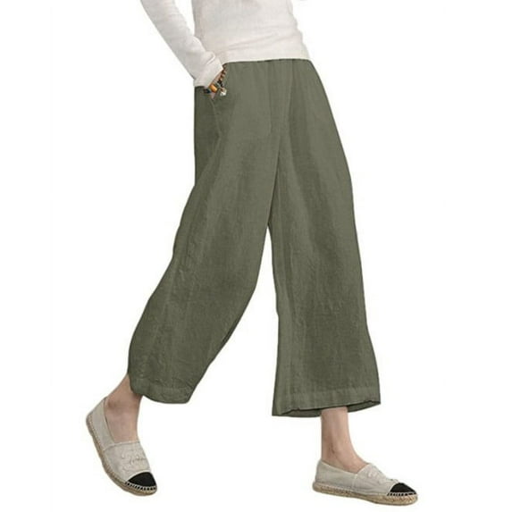 Women's Solid Color Cotton Linen Loose Casual Wide Leg Nine Minute Pants