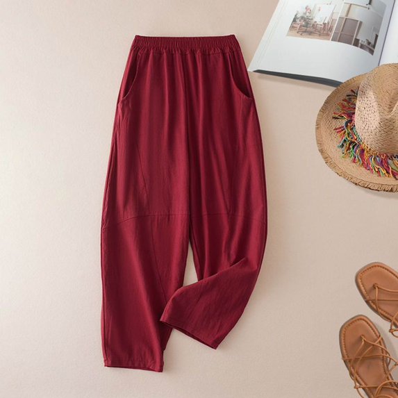 Women's Solid Color Cotton Linen Pants, Harem Pants with Elastic Waist, Wide Leg Loose Fit Casual Trousers for Women, Breathable Summer Comfortable Lounge Pants Wine XXXXL