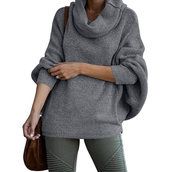 Women's Solid Color Cowl Neck Pullover Sweater, Lantern Sleeve Knit Top, Oversized Relaxed Fit Blouse, Soft Ribbed Cuff Sweater, Long Sleeve Casual Tunic, Cozy Winter Blouse Dark Gray XXXL