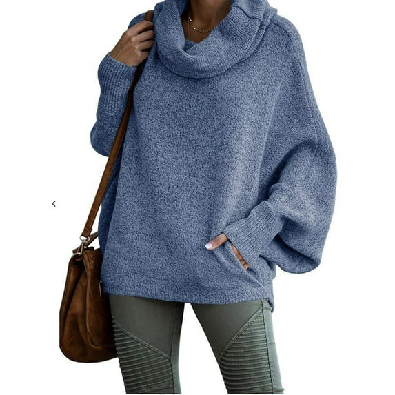 Women's Solid Color Cowl Neck Pullover Sweater, Lantern Sleeve Knit Top, Oversized Relaxed Fit Blouse, Soft Ribbed Cuff Sweater, Long Sleeve Casual Tunic, Cozy Winter Blouse Blue XXXL