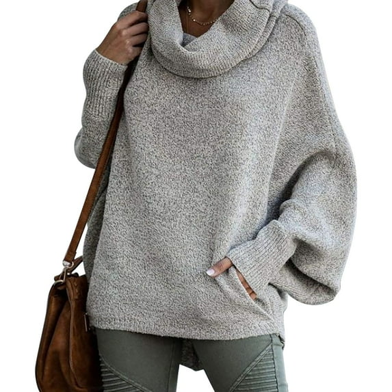 Women's Solid Color Cowl Neck Pullover Sweater, Lantern Sleeve Knit Top, Oversized Relaxed Fit Blouse, Soft Ribbed Cuff Sweater, Long Sleeve Casual Tunic, Cozy Winter Blouse Light Ashy XL