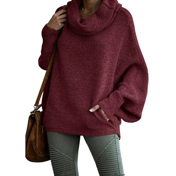 Women's Solid Color Cowl Neck Pullover Sweater, Lantern Sleeve Knit Top, Oversized Relaxed Fit Blouse, Soft Ribbed Cuff Sweater, Long Sleeve Casual Tunic, Cozy Winter Blouse Red XXXL