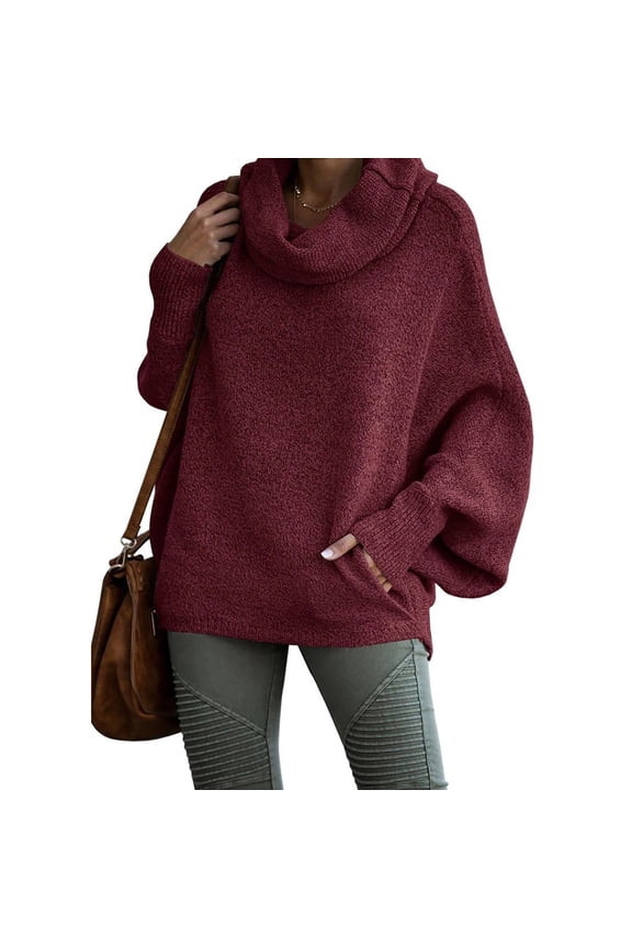 Women's Solid Color Cowl Neck Pullover Sweater, Lantern Sleeve Knit Top, Oversized Relaxed Fit Blouse, Soft Ribbed Cuff Sweater, Long Sleeve Casual Tunic, Cozy Winter Blouse Red XXXL