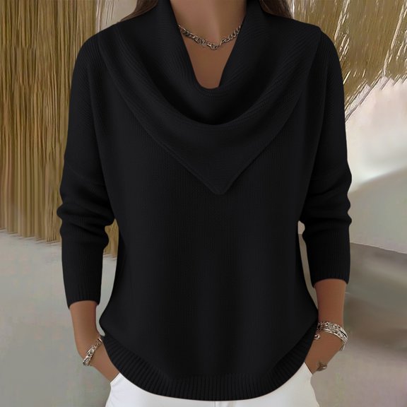 Women's Solid Color Cowl Neck Sweater, Elegant Drapey Neck Pullover, Long Sleeve Casual Top, Loose Fit Knit Sweater, Fall Winter Sweater, Everyday Wear Sweater, Soft Cowl Neck Top Black S