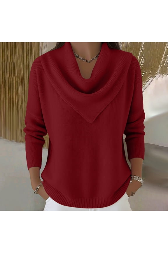 Women's Solid Color Cowl Neck Sweater, Elegant Drapey Neck Pullover, Long Sleeve Casual Top, Loose Fit Knit Sweater, Fall Winter Sweater, Everyday Wear Sweater, Soft Cowl Neck Top Red S