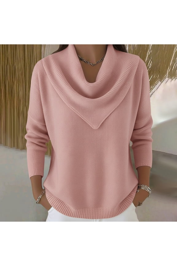 Women's Solid Color Cowl Neck Sweater, Elegant Drapey Neck Pullover, Long Sleeve Casual Top, Loose Fit Knit Sweater, Fall Winter Sweater, Everyday Wear Sweater, Soft Cowl Neck Top Pink XXL