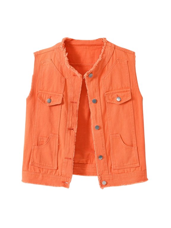 Women's Solid Color Crew Neck Denim Jacket Raw Edge Casual Coat with Pockets Orange M(M)