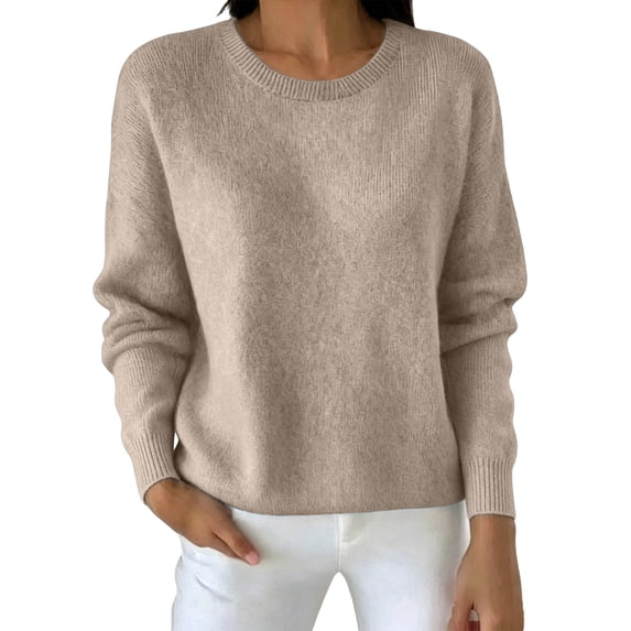 Women's Solid Color Crew Neck Knit Long Sleeve Sweater,Soft Lightweight Relaxed Fit Basic Pullover Layering Top,Khaki,Women's Plus Size L