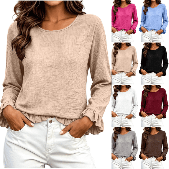 Women's Solid Color Crew Neck Loose Casual Tops Long Sleeve Smocked Cuffed Ruffle Collar Blouses