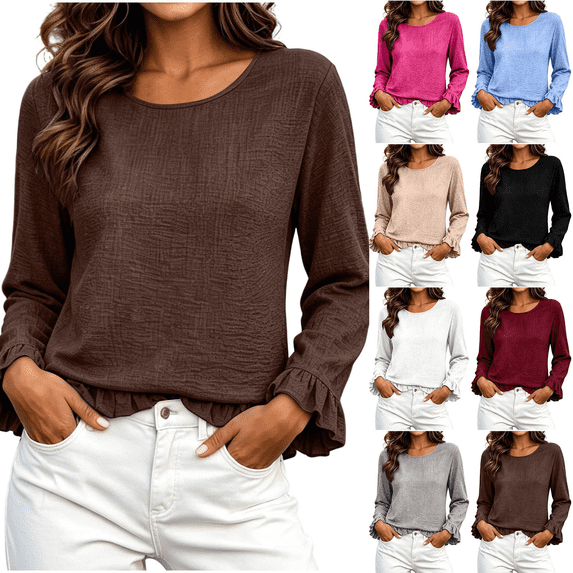 Women's Solid Color Crew Neck Loose Casual Tops Long Sleeve Smocked Cuffed Ruffle Collar Blouses