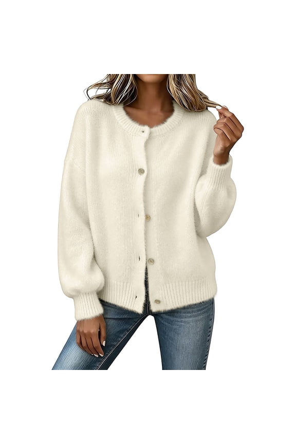 Women's Solid Color Crewneck Button Down Knit Cardigan Sweater, Long Sleeve Lightweight Soft Stretchy Crop Knitwear with Drop Shoulder for Streetwear Home Lounge School Holiday Vacation Casual Beige