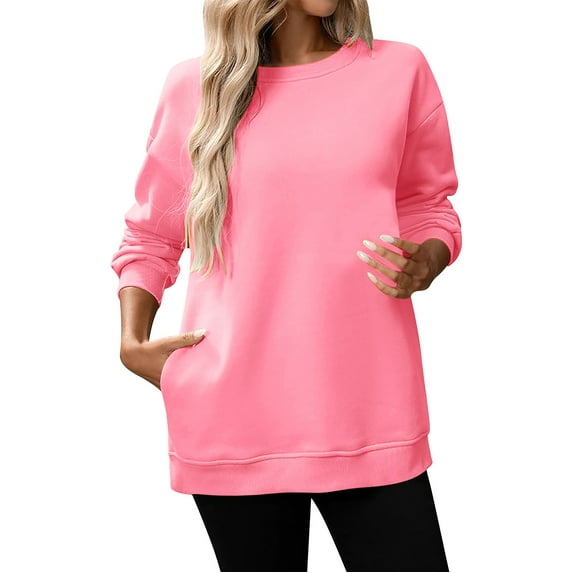 Women's Solid Color Crewneck Midi-Length Sweatshirt,Soft Breathable Oversized Drop Shoulder Long Sleeve Pullover, Casual Loose Fit Top for Everyday Wear, Street Fashion and Loungewear Comfort Pink