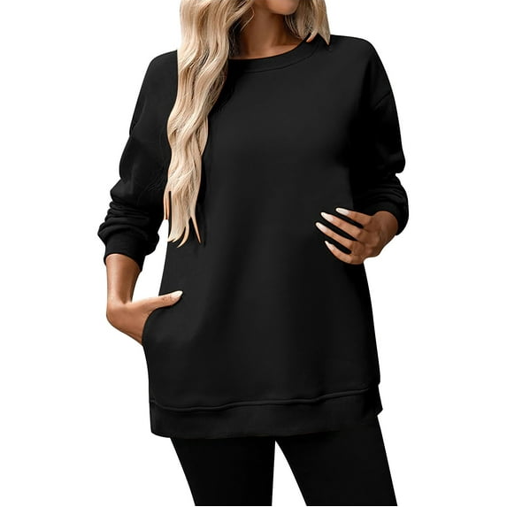 Women's Solid Color Crewneck Midi-Length Sweatshirt,Soft Breathable Oversized Drop Shoulder Long Sleeve Pullover, Casual Loose Fit Top for Everyday Wear, Street Fashion and Loungewear Comfort Black L