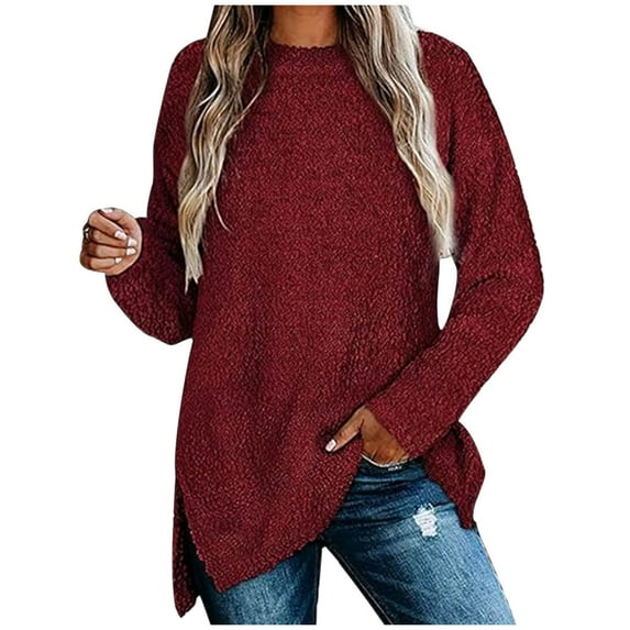 Women's Solid Color Crewneck Pullover Sweater Split Hem Front Short Back Long Sleeve Tops Red XXL