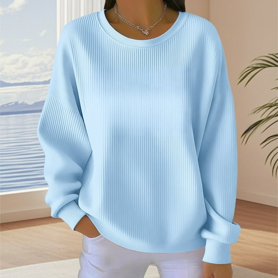 Women's Solid Color Crewneck Sweatshirt, Soft Stretchable Long Sleeve Pullover Top, Comfortable Casual Loungewear for Daily Wear, Fall Winter Basic Streetwear Essential with Regular Fit Sky Blue L