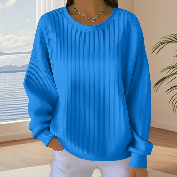 Women's Solid Color Crewneck Sweatshirt, Soft Stretchable Long Sleeve Pullover Top, Comfortable Casual Loungewear for Daily Wear, Fall Winter Basic Streetwear Essential with Regular Fit Blue S
