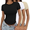 thumbnail image 1 of Women's Solid Color Crop T Shirt 3-Pack, Fitted Thin Summer Pullover Top, Round Neck Short Sleeve Casual Basic Tee Set for Girls and Ladies Outfit E S, 1 of 7