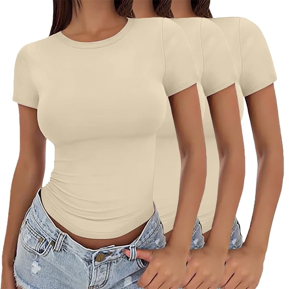 Women's Solid Color Crop T Shirt 3-Pack, Fitted Thin Summer Pullover Top, Round Neck Short Sleeve Casual Basic Tee Set for Girls and Ladies Outfit H S