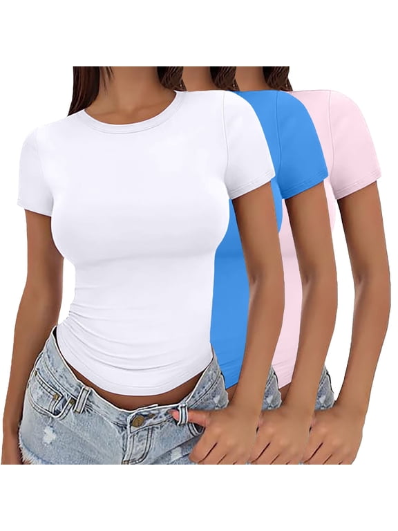 Women's Solid Color Crop T Shirt 3-Pack, Fitted Thin Summer Pullover Top, Round Neck Short Sleeve Casual Basic Tee Set for Girls and Ladies Outfit A L