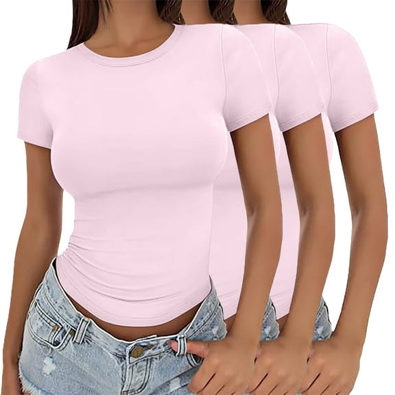 Women's Solid Color Crop T Shirt 3-Pack, Fitted Thin Summer Pullover Top, Round Neck Short Sleeve Casual Basic Tee Set for Girls and Ladies Outfit Red2 XS
