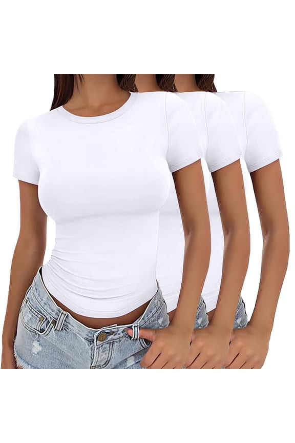 Women's Solid Color Crop T Shirt 3-Pack, Fitted Thin Summer Pullover Top, Round Neck Short Sleeve Casual Basic Tee Set for Girls and Ladies Outfit White M