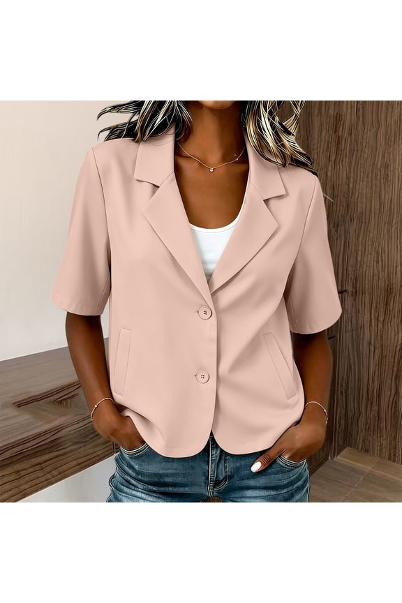 Women's Solid Color Cropped Blazer Jacket, Short Length Open Front Lightweight Suit Jacket, for Summer Work or Smart Casual Daily Wear Pink