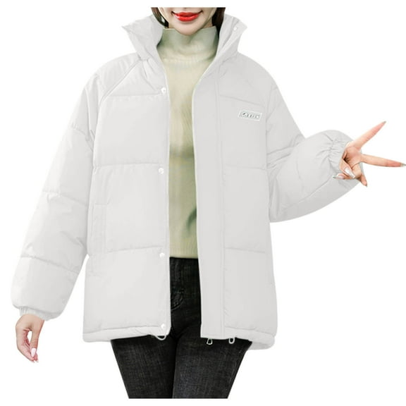 Women's Solid Color Cropped Puffer Jacket Oversized Short Puffy Winter Casual Zip Up Stand Collar Padded Coats Insulated Coat