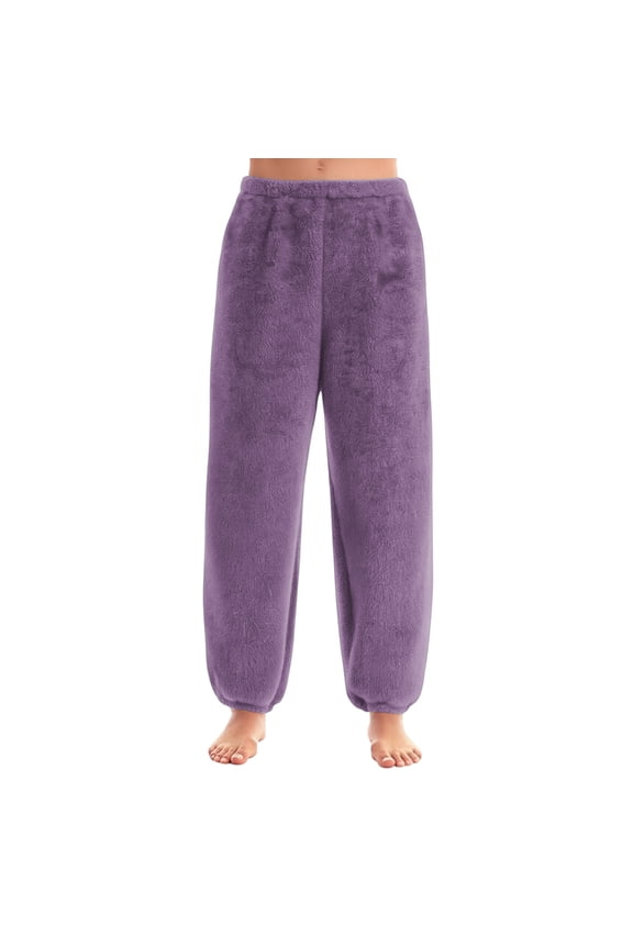 Women's Solid Color Cuff Pants, Casual Lounge Sleep Pants, Elastic Waist Comfort Trousers for Bedtime, Lounging and Home Wear,Purple,S
