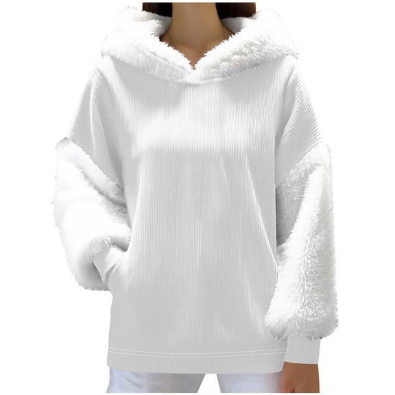 Women's Solid Color Daily Long Hair Hoodie With Sleeves Warm Sleeve Round Neck Top Outfits Trendy Fashion Casual Winter Clothing