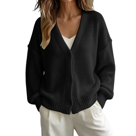 Women's Solid Color Deep V Neck Open Front Button Down Oversized Short Knit Cardigan Sweater Jacket, Soft Skin-Friendly Warm Cozy 2026 Trendy Outerwear for Fall Winter Casual Lounge Street Black