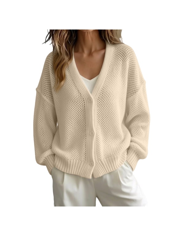 Women's Solid Color Deep V Neck Open Front Button Down Oversized Short Knit Cardigan Sweater Jacket, Soft Skin-Friendly Warm Cozy 2026 Trendy Outerwear for Fall Winter Casual Lounge Street Beige