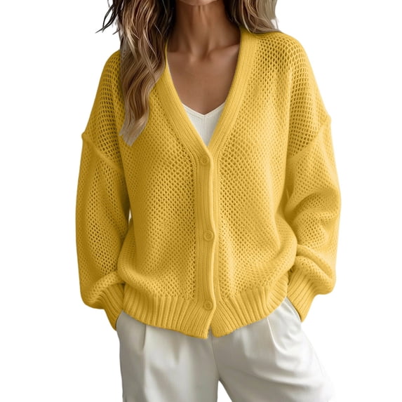 Women's Solid Color Deep V Neck Open Front Button Down Oversized Short Knit Cardigan Sweater Jacket, Soft Skin-Friendly Warm Cozy 2026 Trendy Outerwear for Fall Winter Casual Lounge Street Yellow