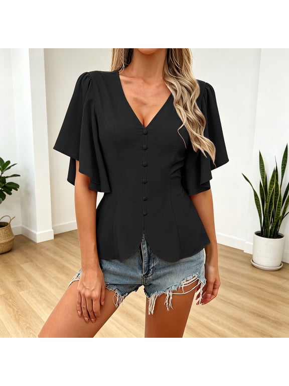 Women's Solid Color Deep V Neck Short Sleeve Button Down Top, Natural Waist Cinching Slimming Cut, Flattering Blouse for Summer Daily Outfits, Soft and Breathable Black XL