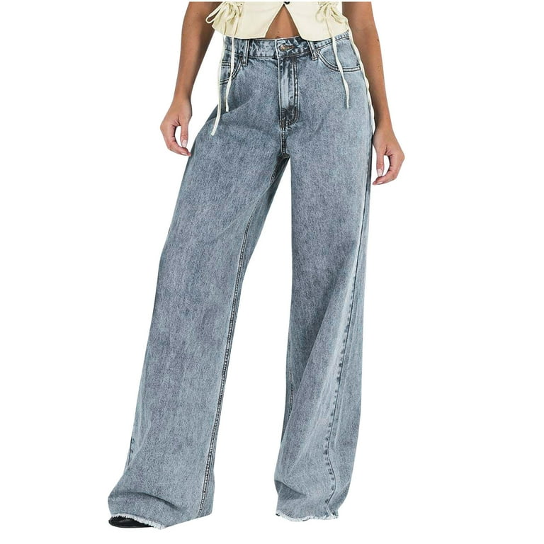 Women's Solid Color Denim Pants Raw Hem Buckle Wash Jeans Loose Floor  Length Trousesr with Pockets