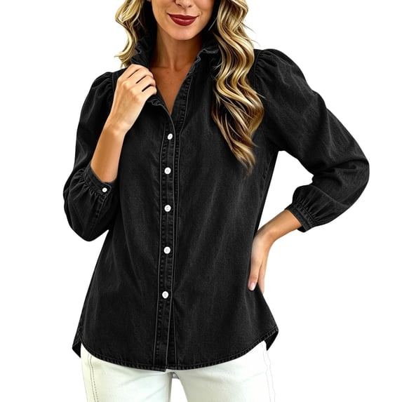 Women's Solid Color Denim Ruffle Collar Button-Front Long Sleeve Jacket Casual Feminine Trucker Coat