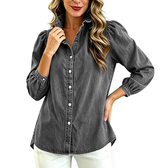 Women's Solid Color Denim Ruffle Collar Button-Front Long Sleeve Jacket Casual Feminine Trucker Coat