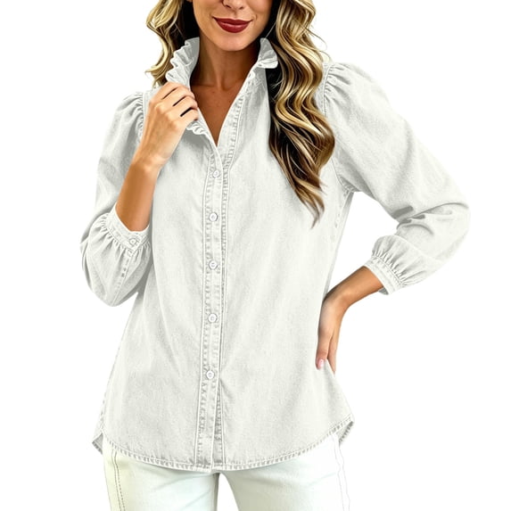 Women's Solid Color Denim Ruffle Collar Button-Front Long Sleeve Jacket Casual Feminine Trucker Coat
