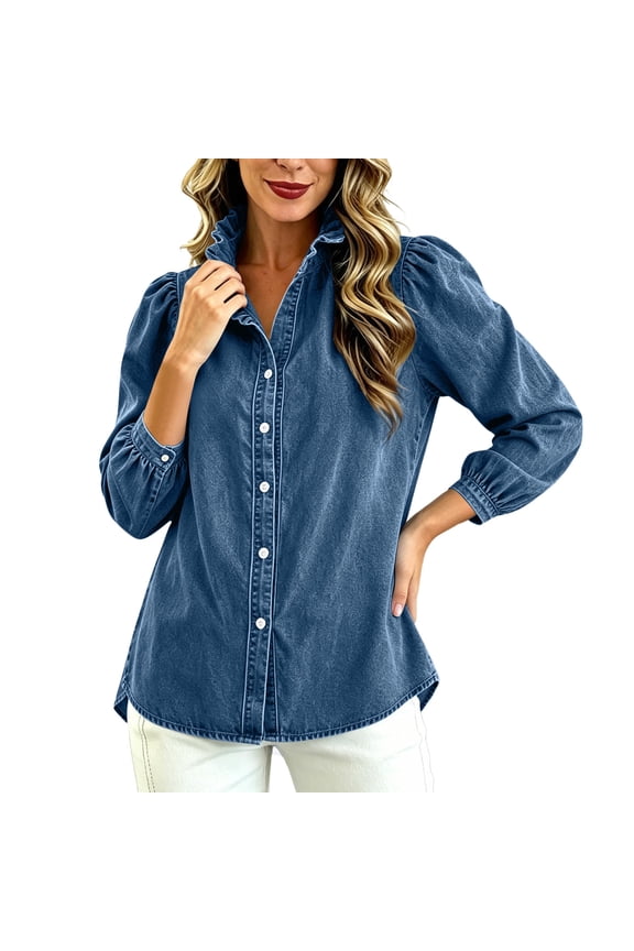 Women's Solid Color Denim Ruffle Collar Button-Front Long Sleeve Jacket Casual Feminine Trucker Coat