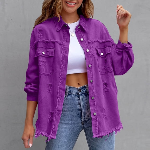 Women's Solid Color Distressed Denim Jacket Loose Long Sleeve Casual Fashion Classic Button-Front Lightweight Versatile Daily Outdoor Comfortable Coat Purple L