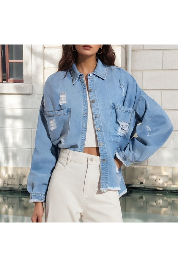 Women's Solid Color Distressed Washed Fringe Denim Jacket Jackets for Women Summer Denim plus Size Jacket Big Girls Denim Jacket And Jacket Women Long Jean Jean Wool Jacket Women plus Denim Jacket