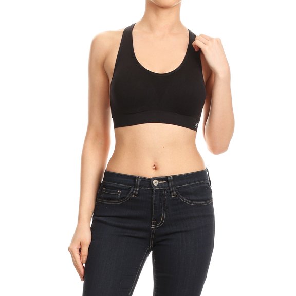 Women's Solid Color Double Layer with Scoop Neck and Racerback Sports Bra- Black L/XL