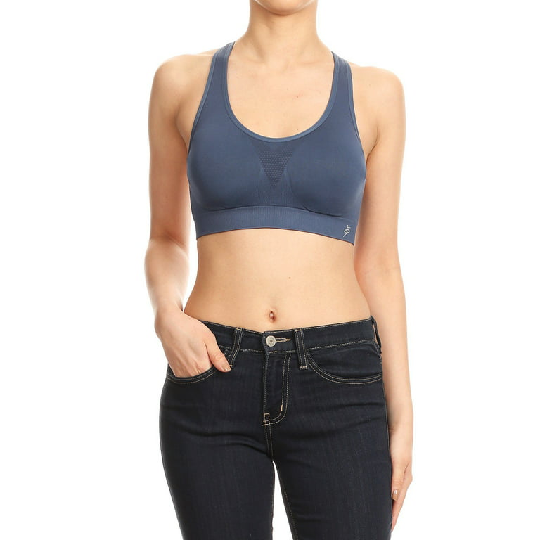 Women's Solid Color Double Layer with Scoop Neck and Racerback Sports Bra-  Denim L/XL 