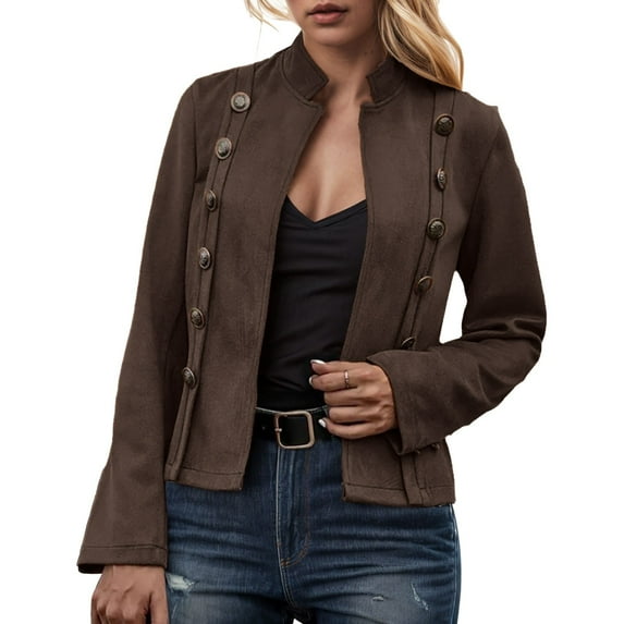 Women's Solid Color Double Metal Decoration Deer Leather Velvet Retro Long Sleeved Jacket
