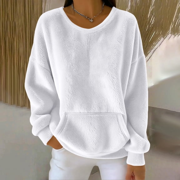 Women's Solid Color Double-Sided Fleece Crew Neck Sweatshirt, Soft Plush Pullover with Pockets, Cozy Casual Loungewear, Comfortable Long Sleeve Top, No Hood Everyday Wear White XXL