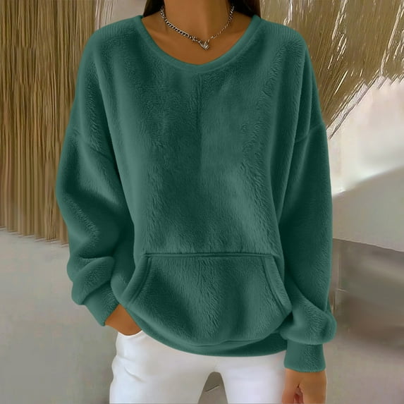 Women's Solid Color Double-Sided Fleece Crew Neck Sweatshirt, Soft Plush Pullover with Pockets, Cozy Casual Loungewear, Comfortable Long Sleeve Top, No Hood Everyday Wear Blackish Green L