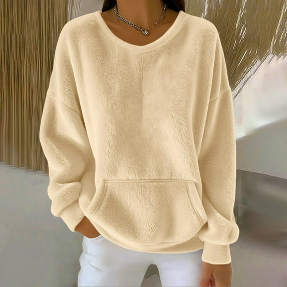 Women's Solid Color Double-Sided Fleece Crew Neck Sweatshirt, Soft Plush Pullover with Pockets, Cozy Casual Loungewear, Comfortable Long Sleeve Top, No Hood Everyday Wear Khaki M