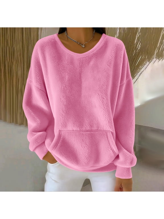 Women's Solid Color Double-Sided Fleece Crew Neck Sweatshirt, Soft Plush Pullover with Pockets, Cozy Casual Loungewear, Comfortable Long Sleeve Top, No Hood Everyday Wear Pink S