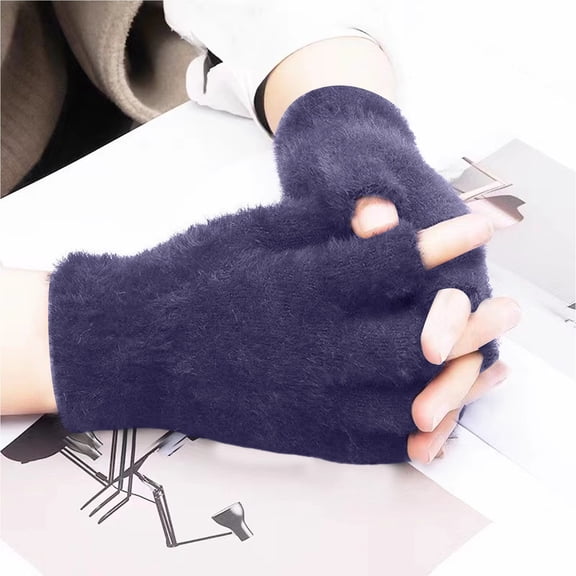 Women's Solid Color Double-Sided Fleece Fingerless Gloves, Thermal Knit Convertible Mittens, Winter Warm Half Finger Gloves, Non-Slip Grip Touchscreen Compatible - Navy
