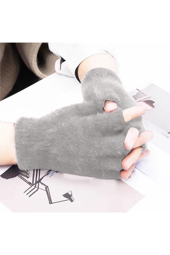 Women's Solid Color Double-Sided Fleece Fingerless Gloves, Thermal Knit Convertible Mittens, Winter Warm Half Finger Gloves, Non-Slip Grip Touchscreen Compatible - Grey